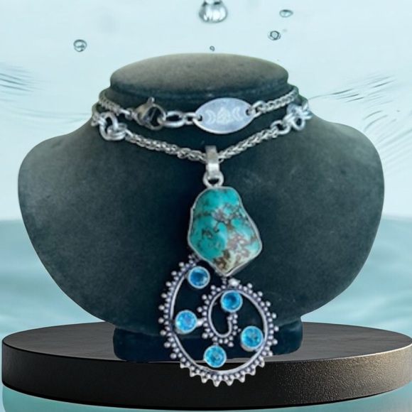 925 Sterling silver overlay natural blue turquoise spiral design necklace - Picture 9 of 10